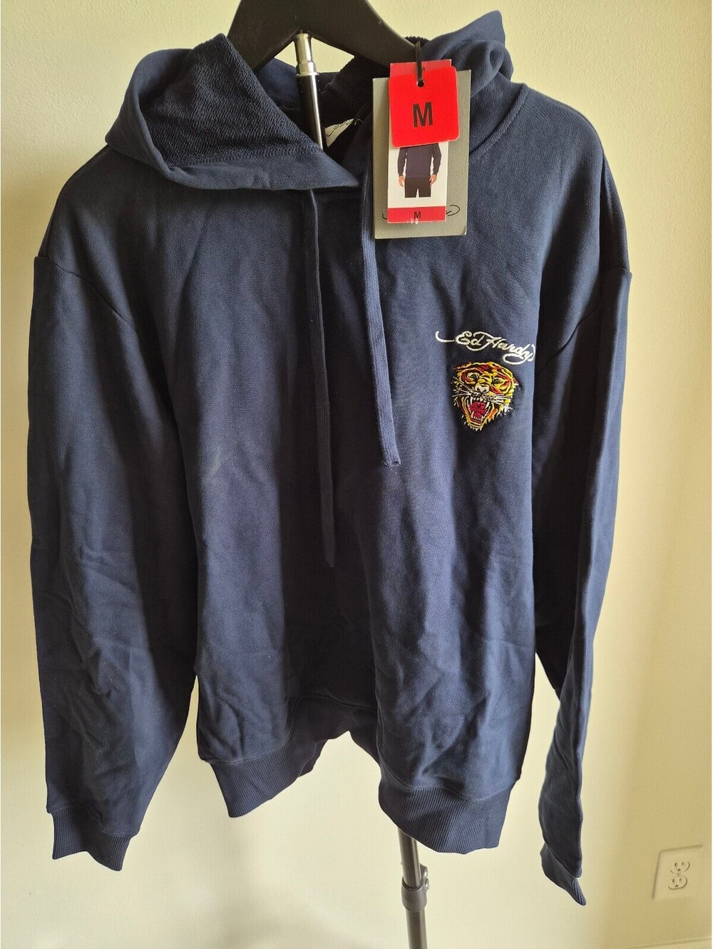 Ed Hardy Men's Navy Blue Hoodie with Tiger Embroidery, Size M 0196